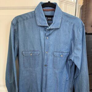 Hugo Boss Men's Chambray Shirt, Blue, Lightweight Dress Denim - Size Med.